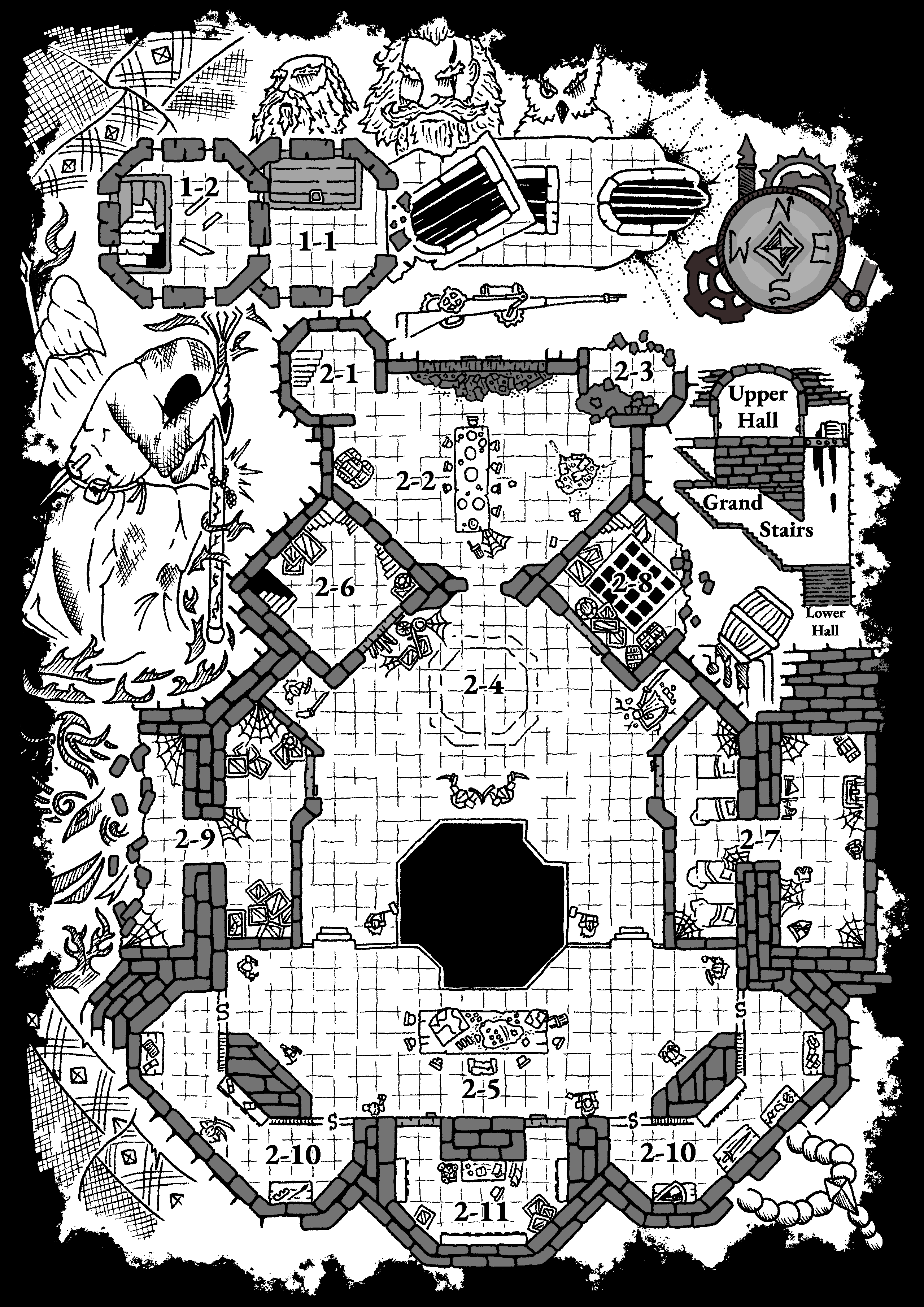 Steel and Stone upper hall dungeon map - detailed D&D adventure location by TA MAPS
